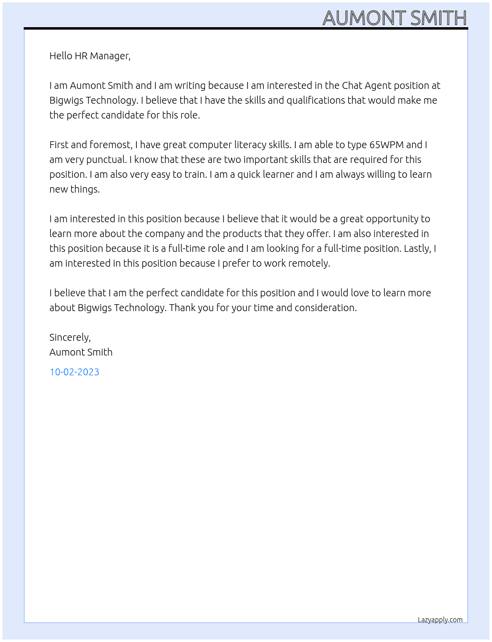 Chat Agent At Bigwigs Technology  Cover Letter