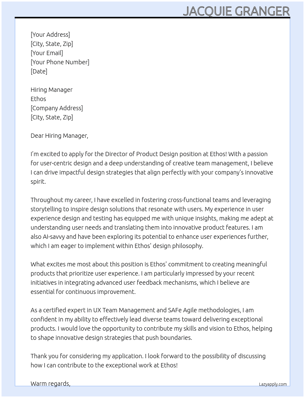 Director of Product Desgin At Ethos Cover Letter