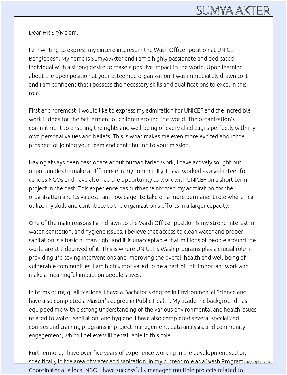 Wash Officer At UNICEF  Bangladesh  Cover Letter