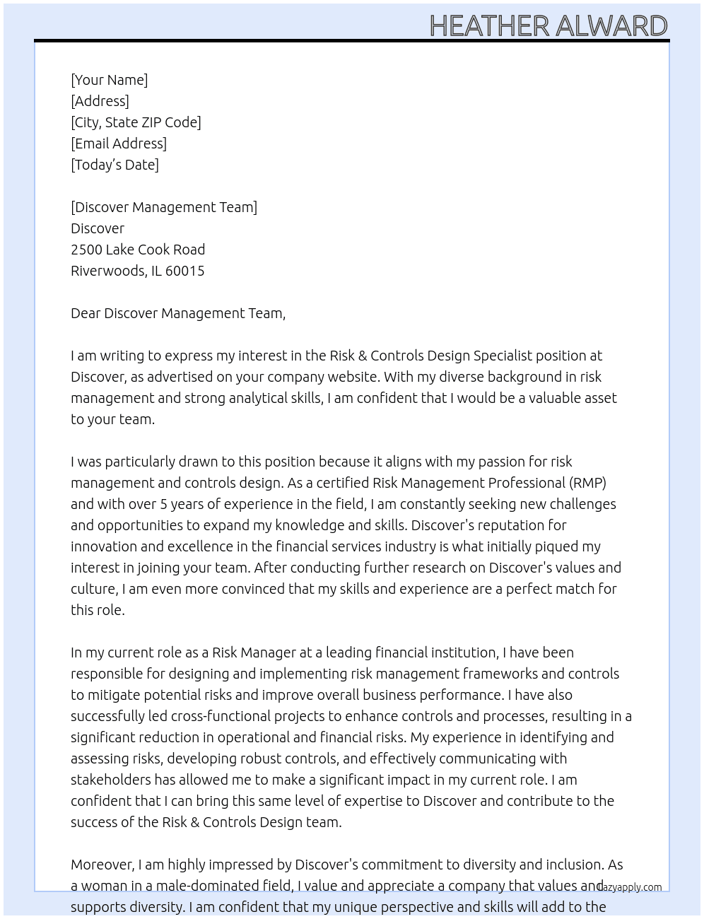 Risk & Controls Design Specialist At Discover Cover Letter