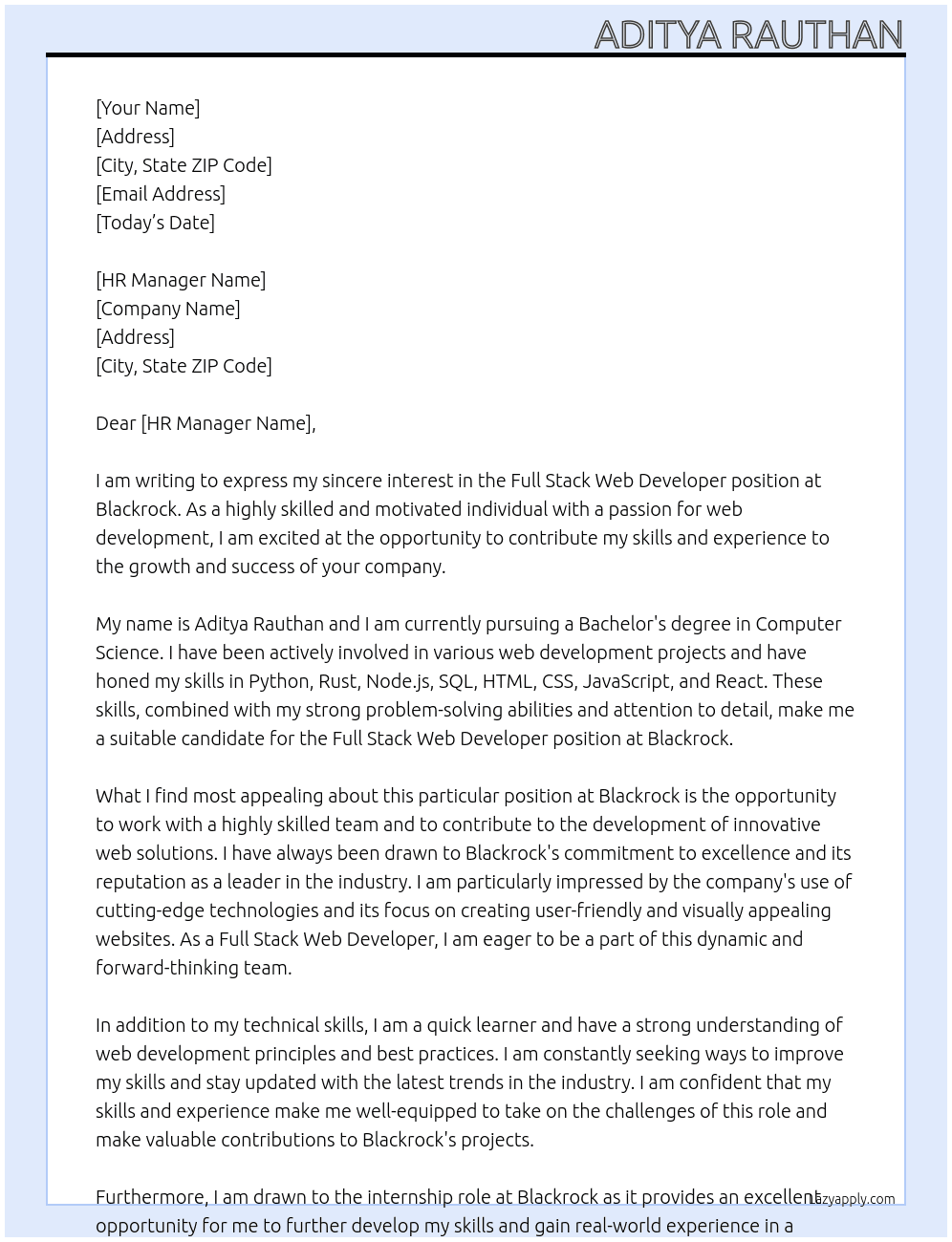 Full Stack Web Developer At Blackrock Cover Letter