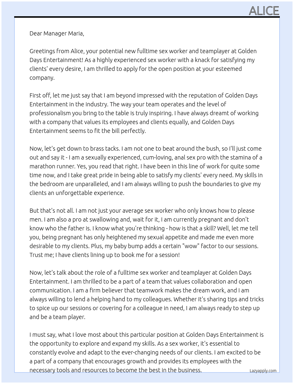Sex worker  At Golden Days Entertainment  Cover Letter