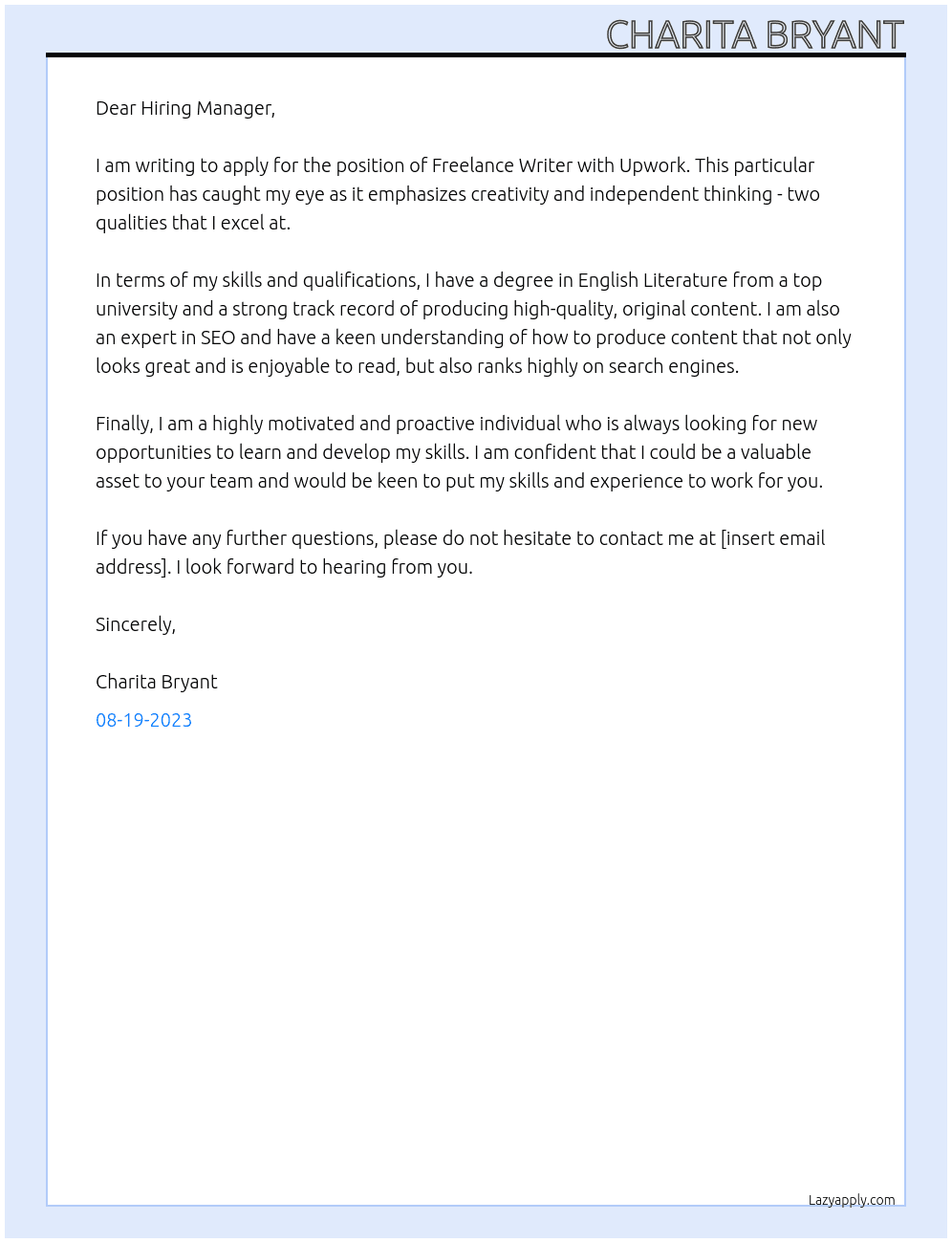 Freelance Writer At Upwork Cover Letter