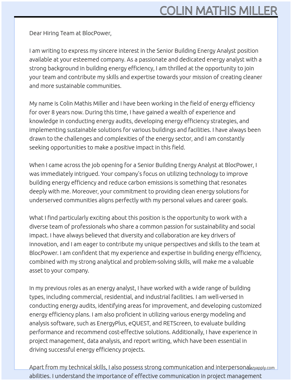 Senior Building Energy Analyst At BlocPower Cover Letter