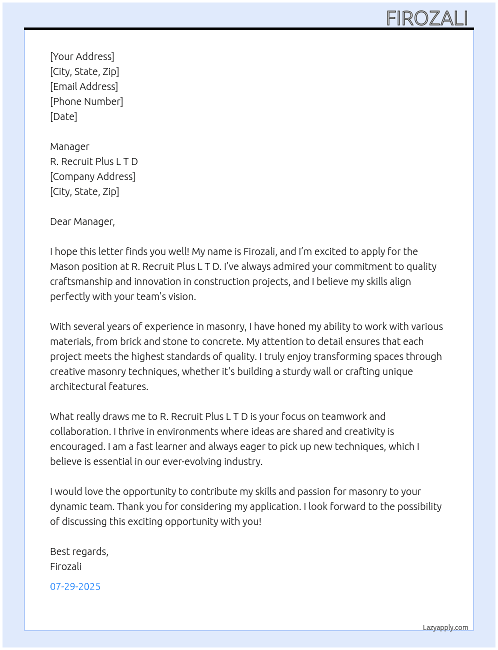 Mason  At R. Recruit plus L T D Cover Letter