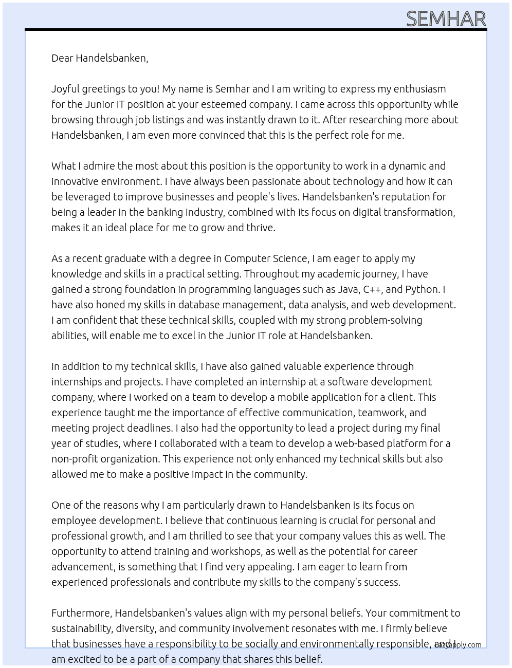 junior it  At handelsbanken Cover Letter