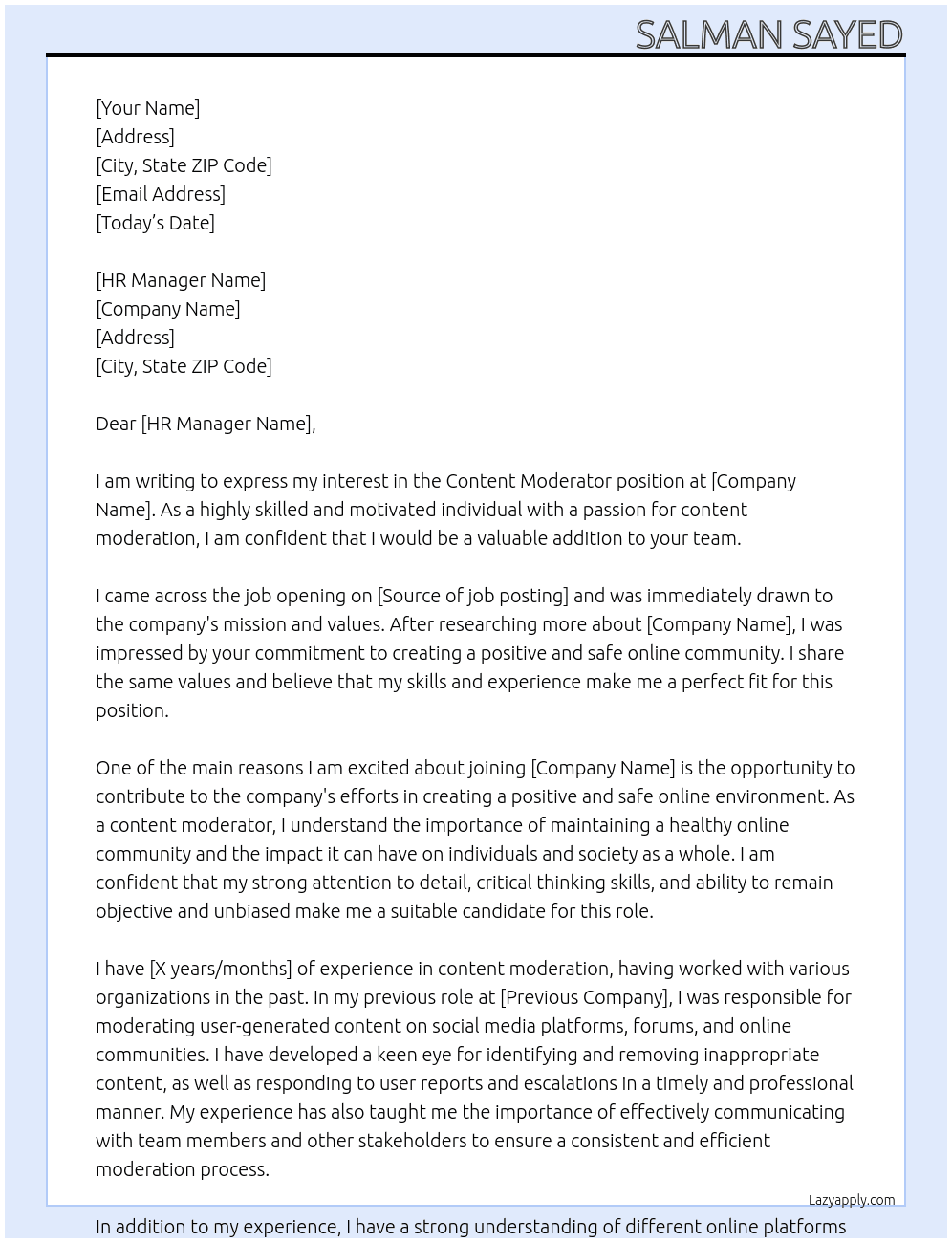 content moderator At . Cover Letter