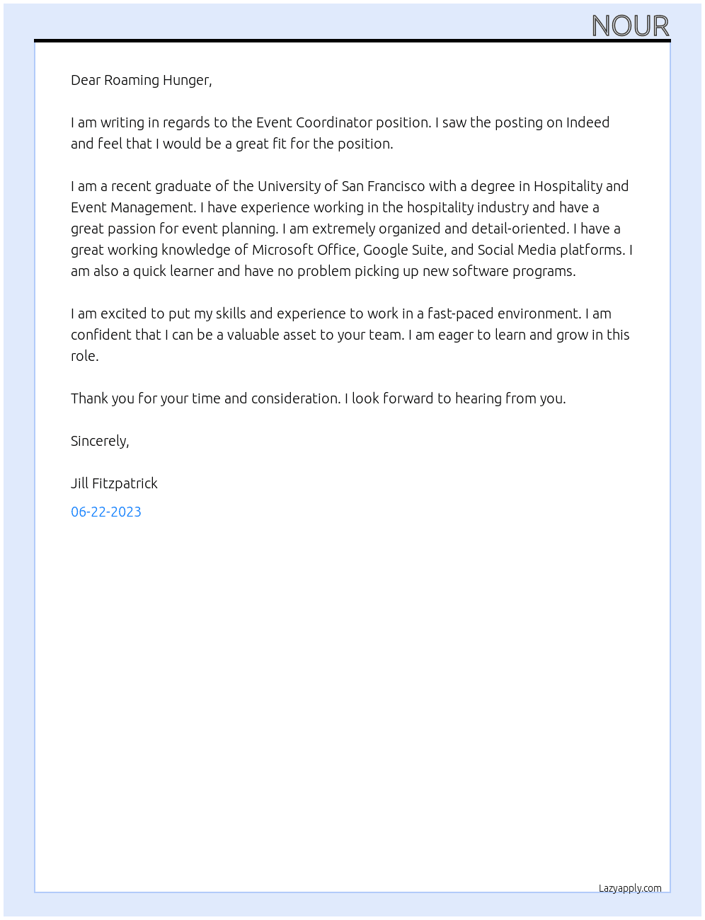 event coordinator  At Roaming Hunger  Cover Letter
