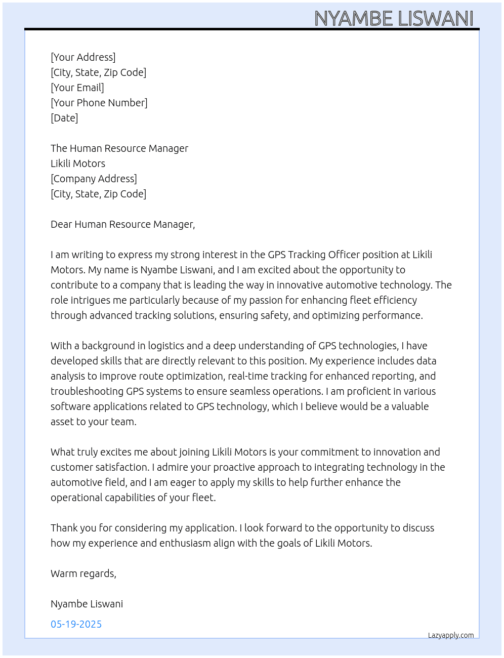 GPS tracking officer  At Likili motors  Cover Letter