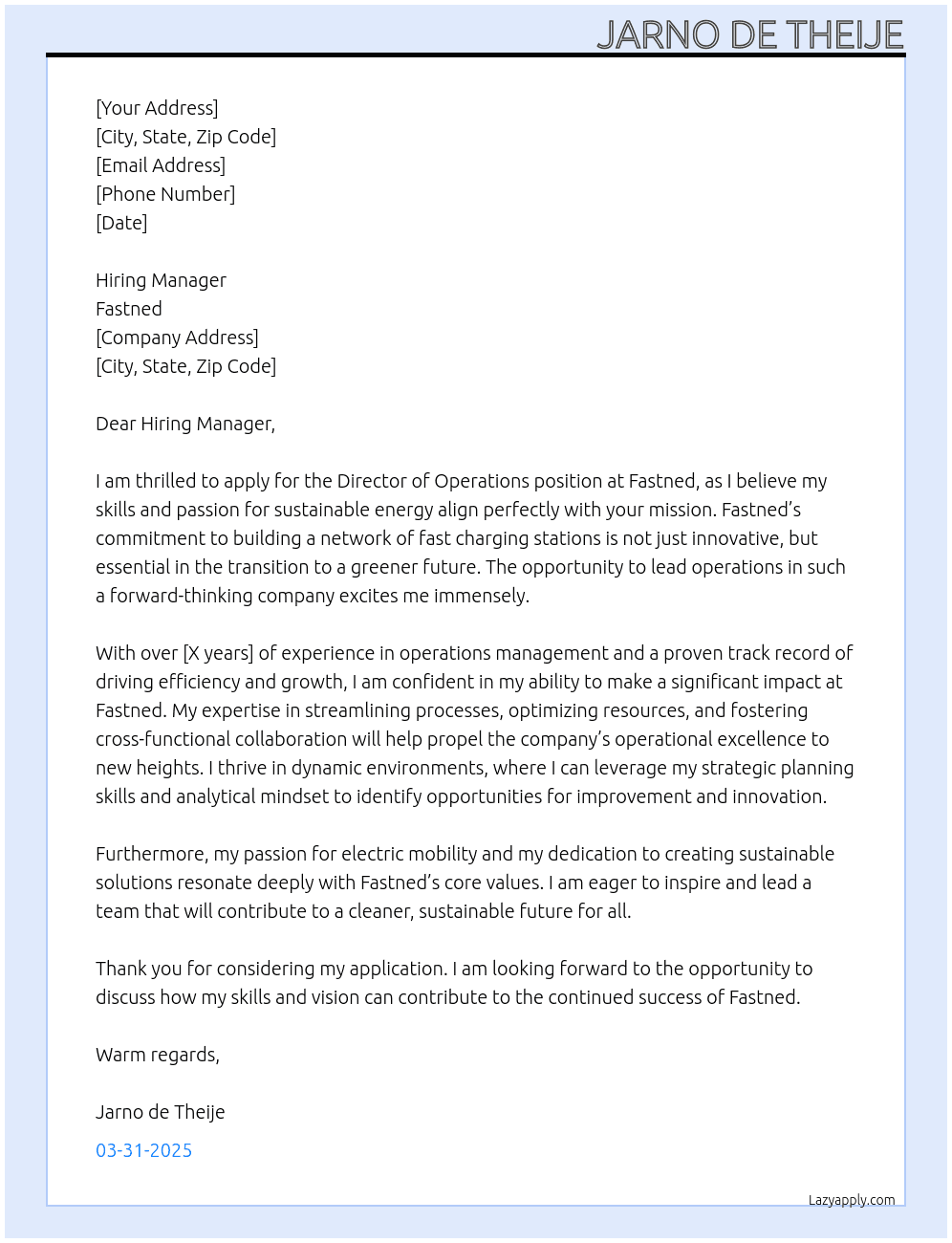 Director of operations At Fastned Cover Letter