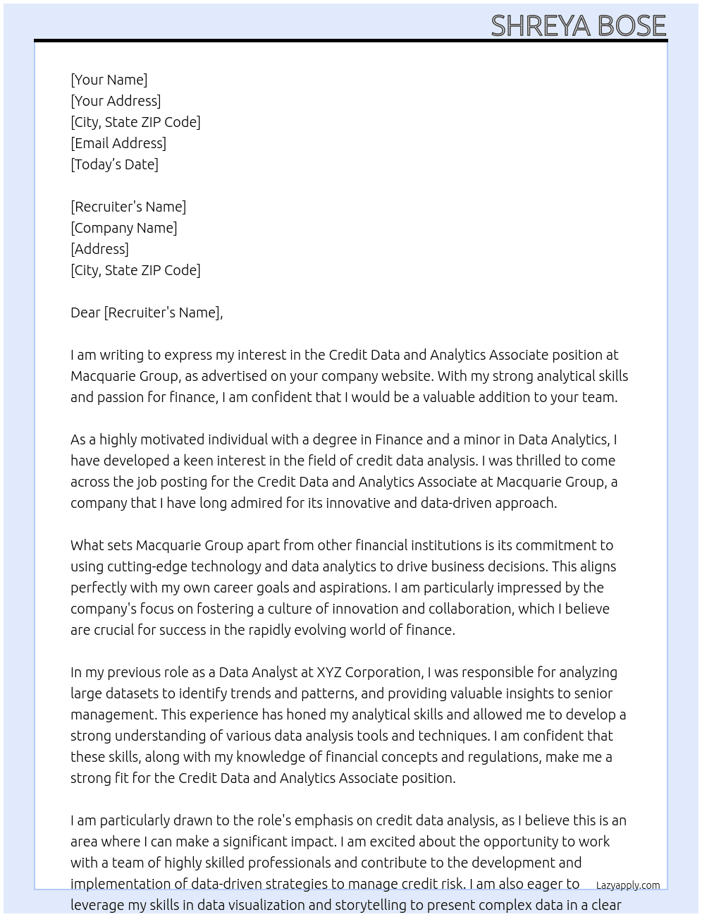 Credit Data and Analytics Associate  At  Macquarie Group Cover Letter
