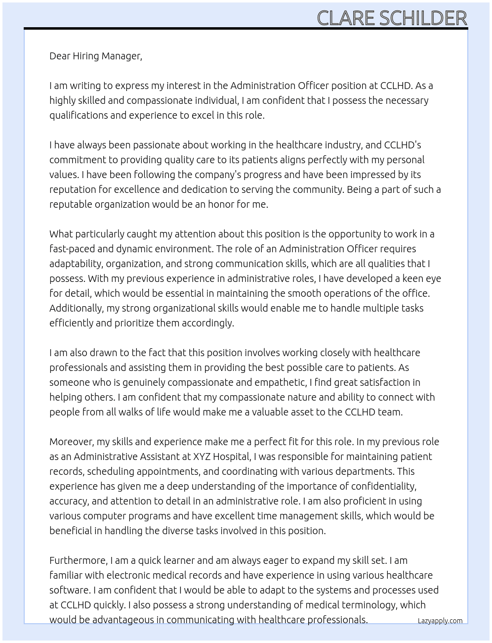 Administration officer  At CCLHD Cover Letter