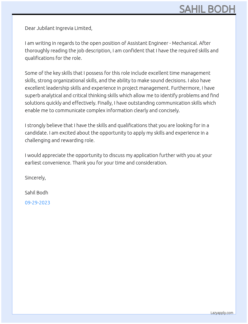 Assistant engineer  - mechanical  At Jubilant ingrevia limited  Cover Letter