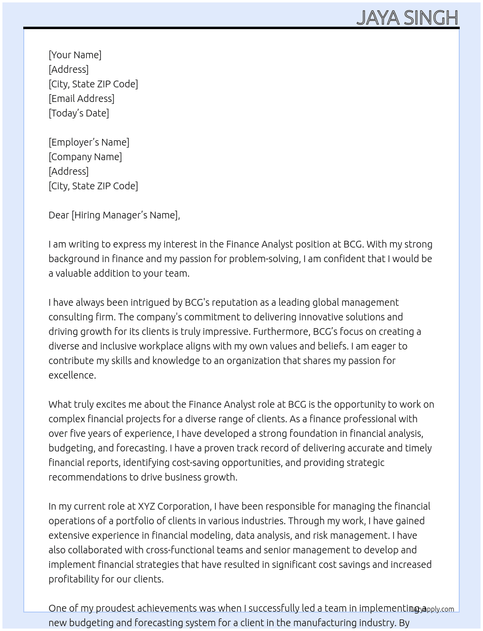 Finance Analyst At BCG Cover Letter