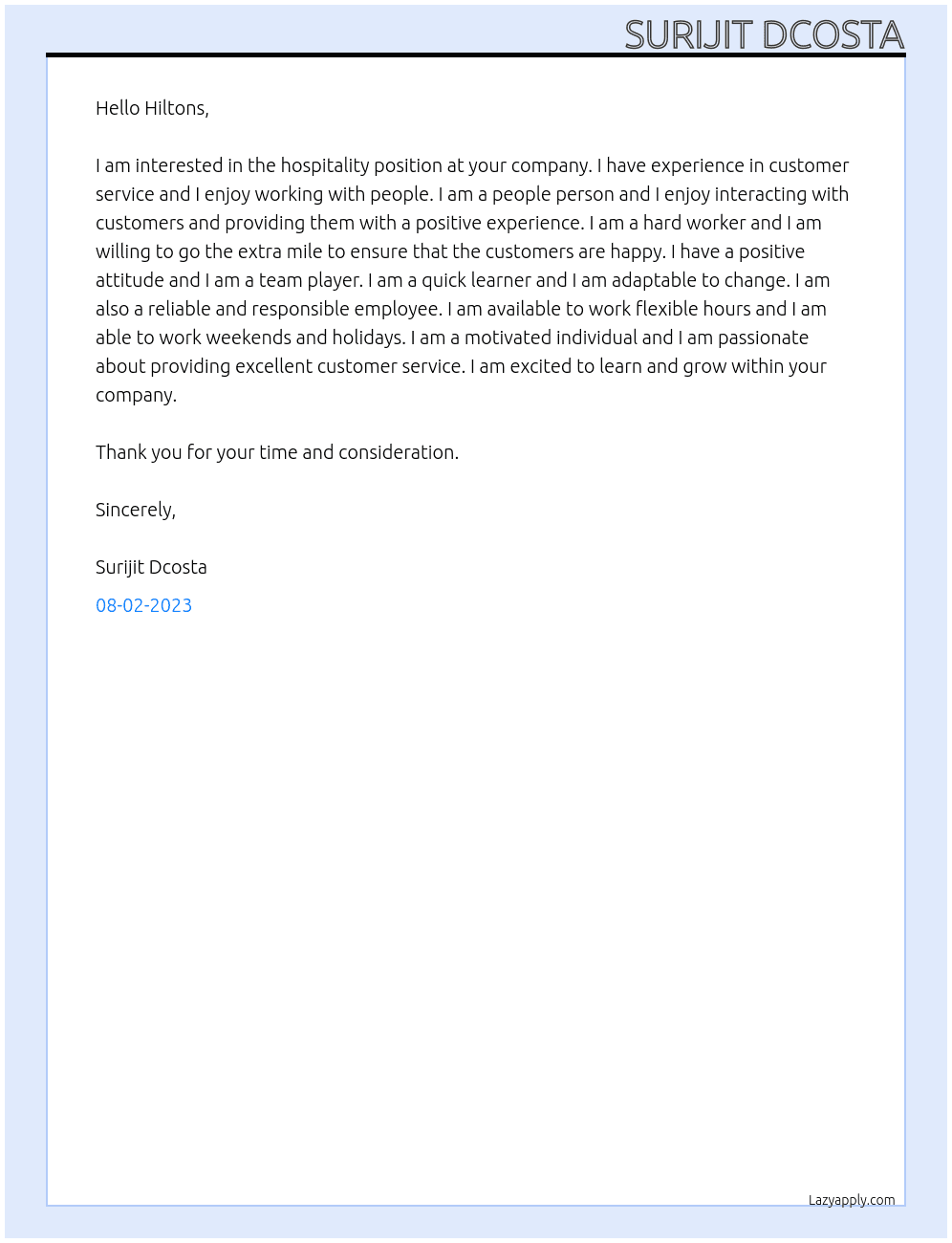 Hospitality At Hiltons Cover Letter