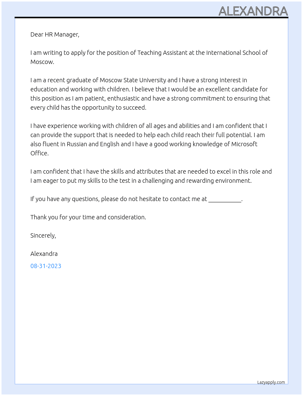 Teaching Assistant At International School Of Moscow Cover Letter