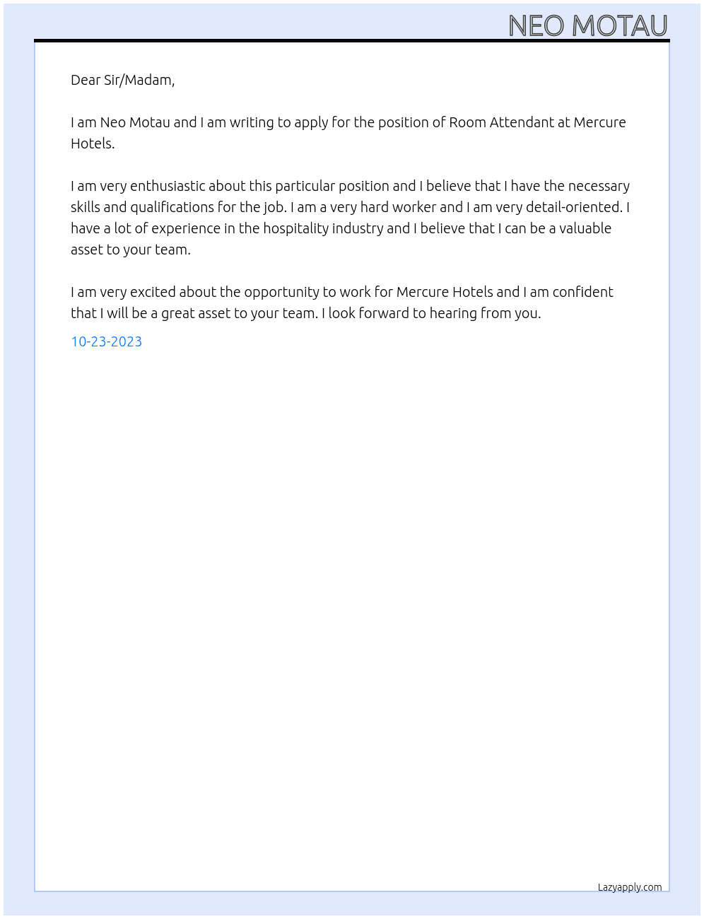 Room Attendant At Mercure Hotels Cover Letter