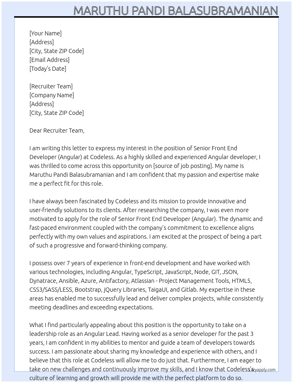 Senior Front End Developer (Angular) At Codeless Cover Letter