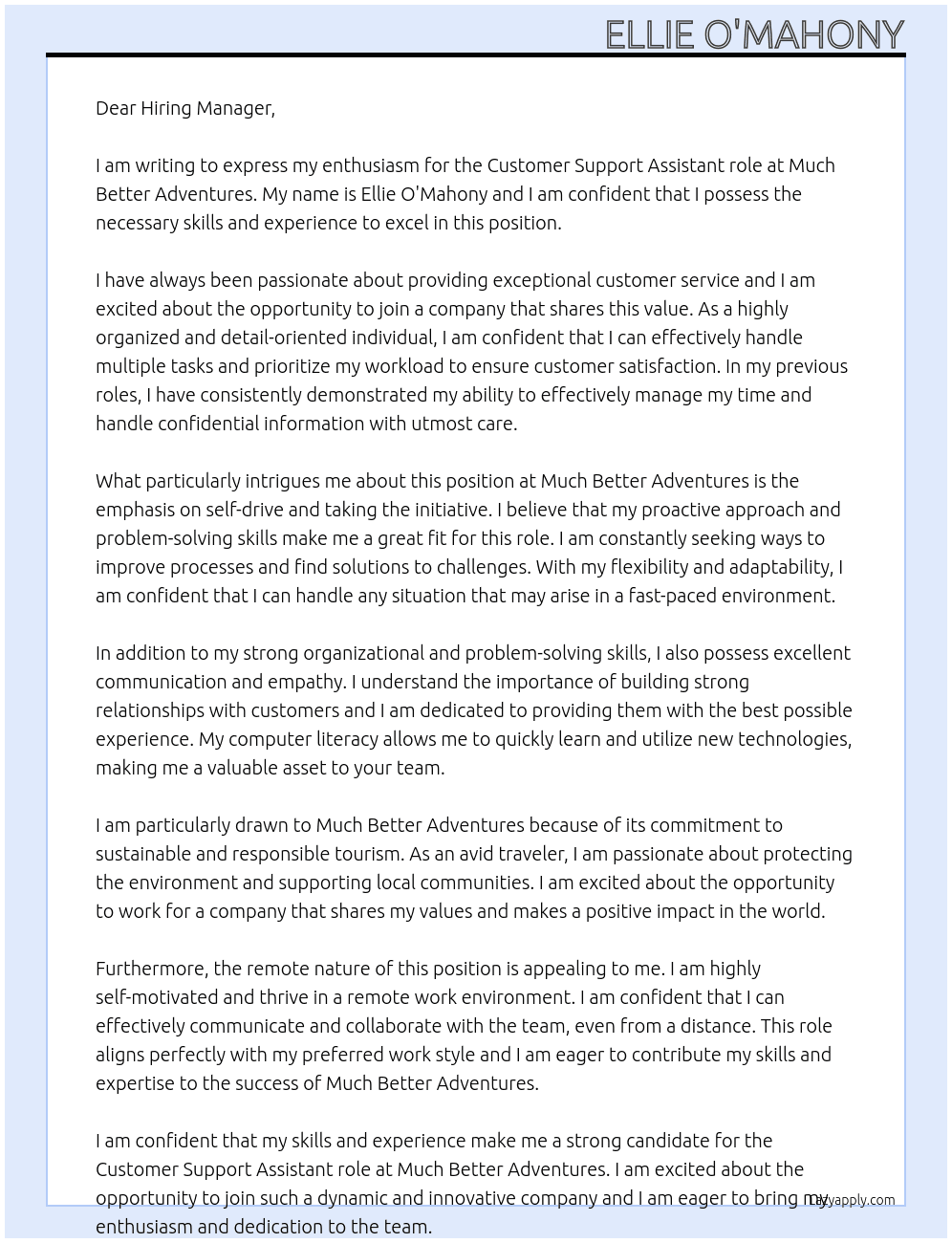 customer support assistant At Much Better Adventures Cover Letter