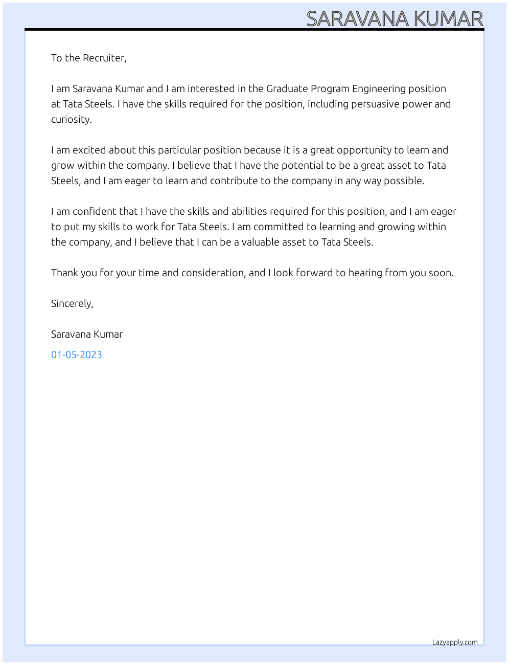 Graduate Program Engineering At Tata Steels  Cover Letter