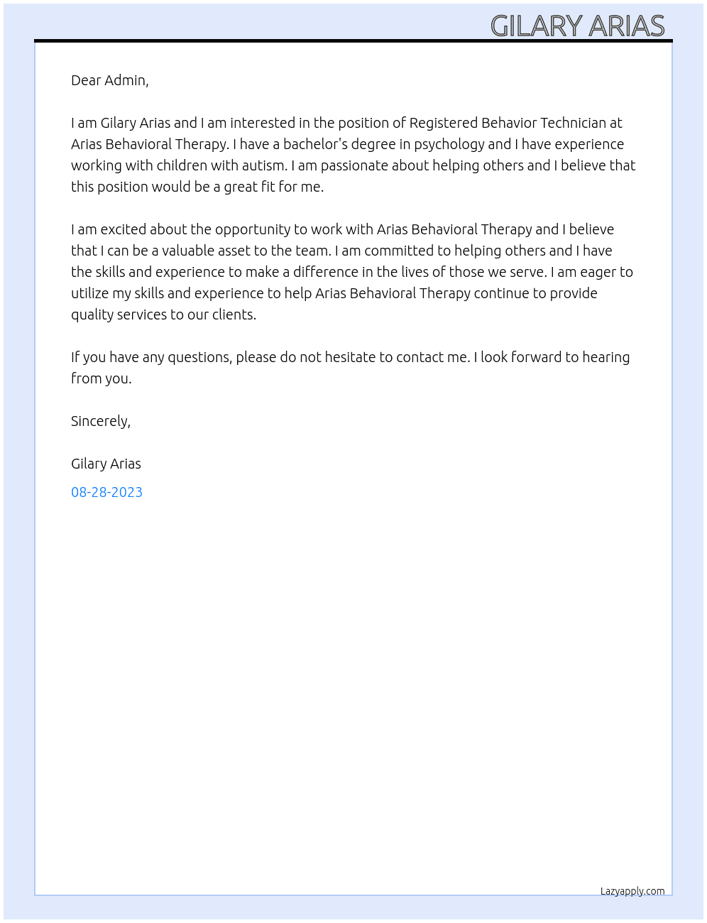 Registered Behavior Technician At Arias Behavioral Therapy Cover Letter