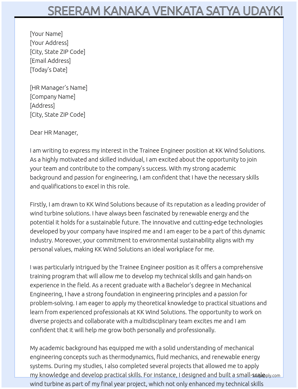 Trainee Engineer At KK Wind Solutions Cover Letter