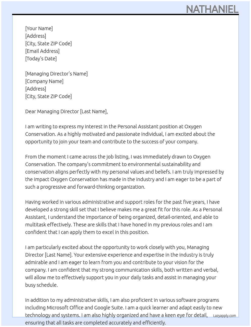 Personal Assistant  At Oxygen Conservation Cover Letter