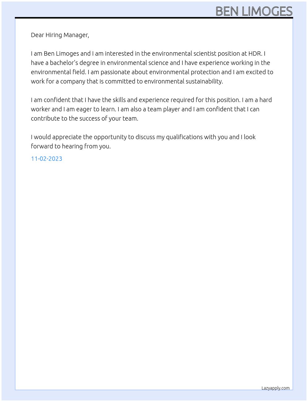 Environmental Scientist At HDR Cover Letter