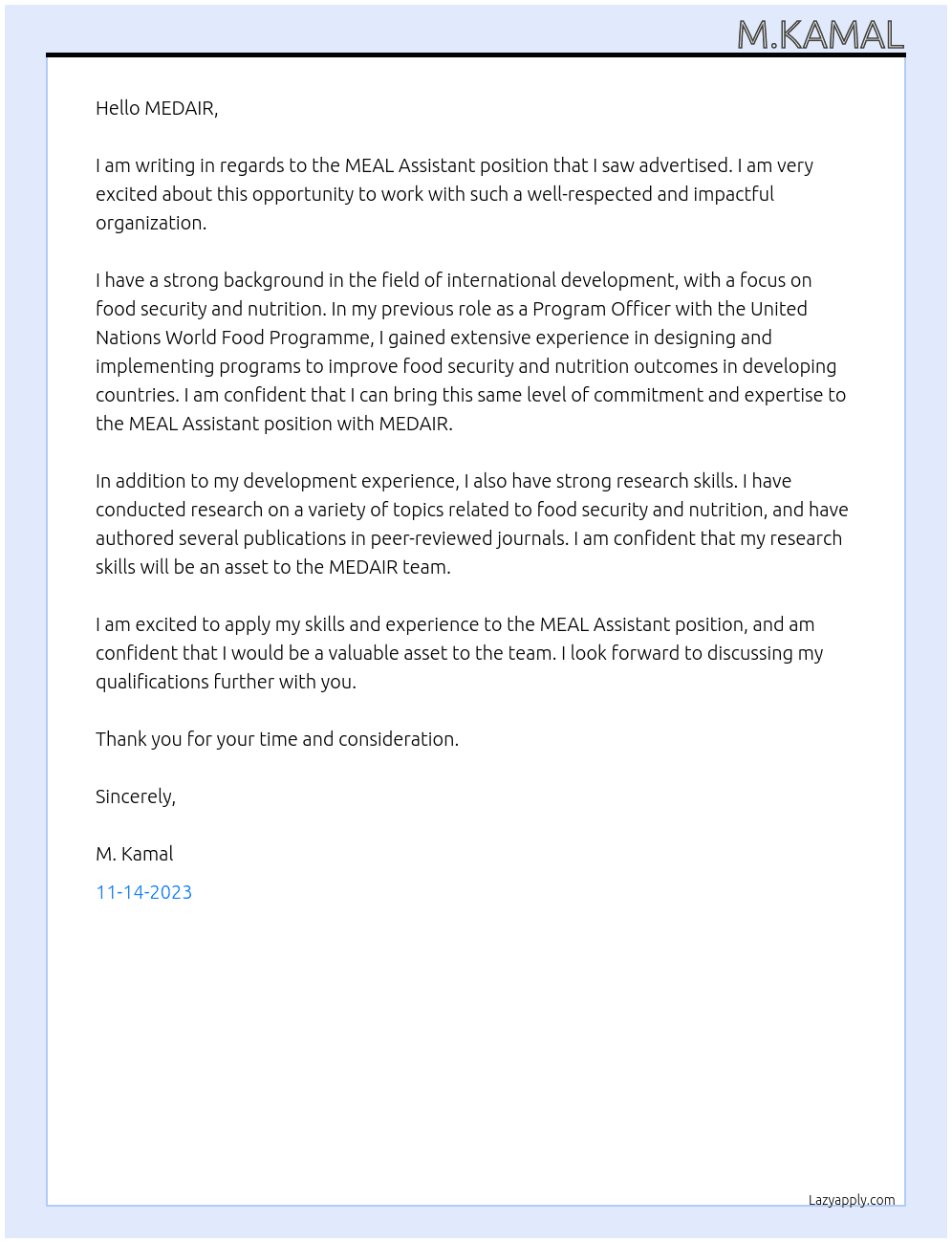 MEAL Assistant At MEDAIR Cover Letter