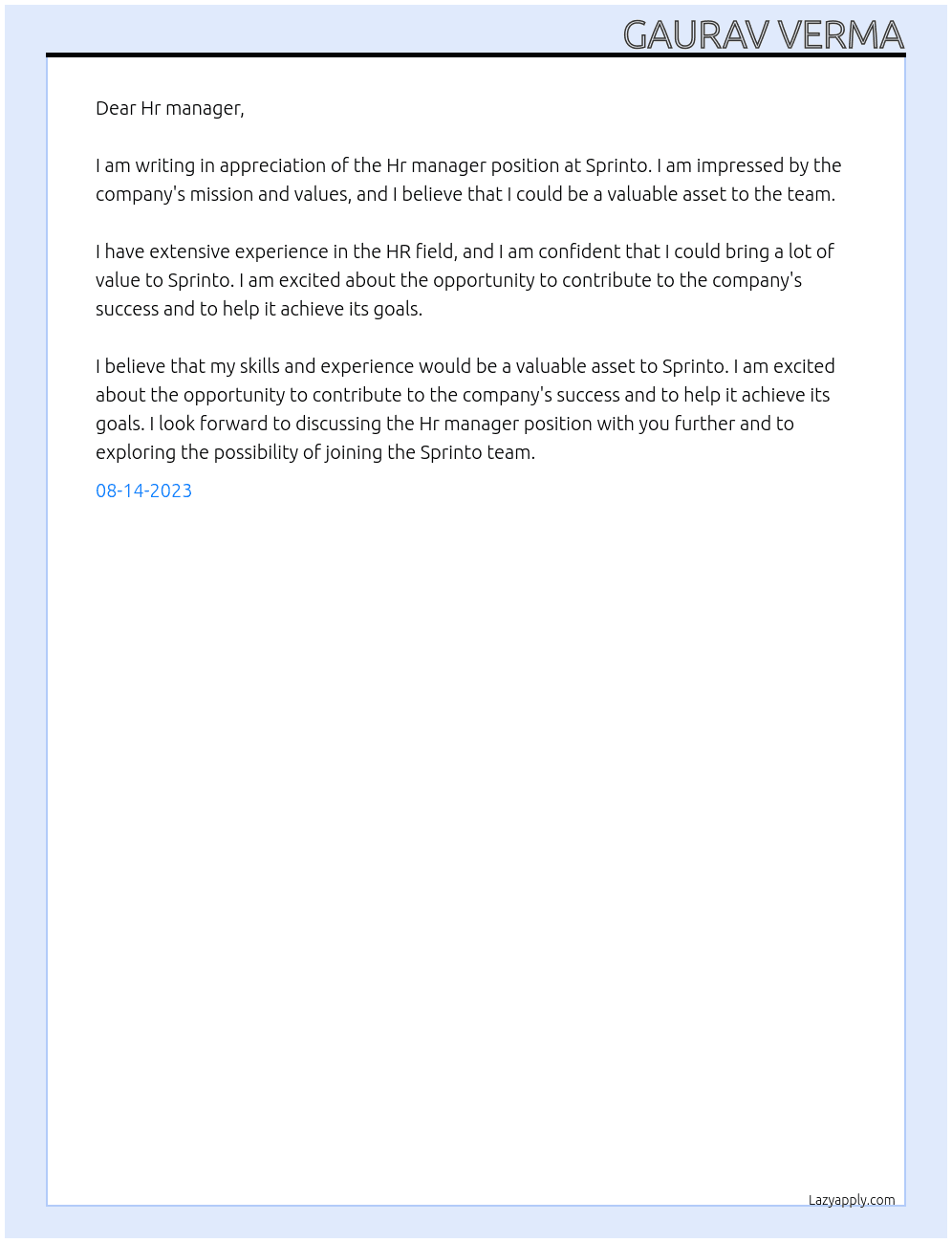 Hr manager At Sprinto Cover Letter