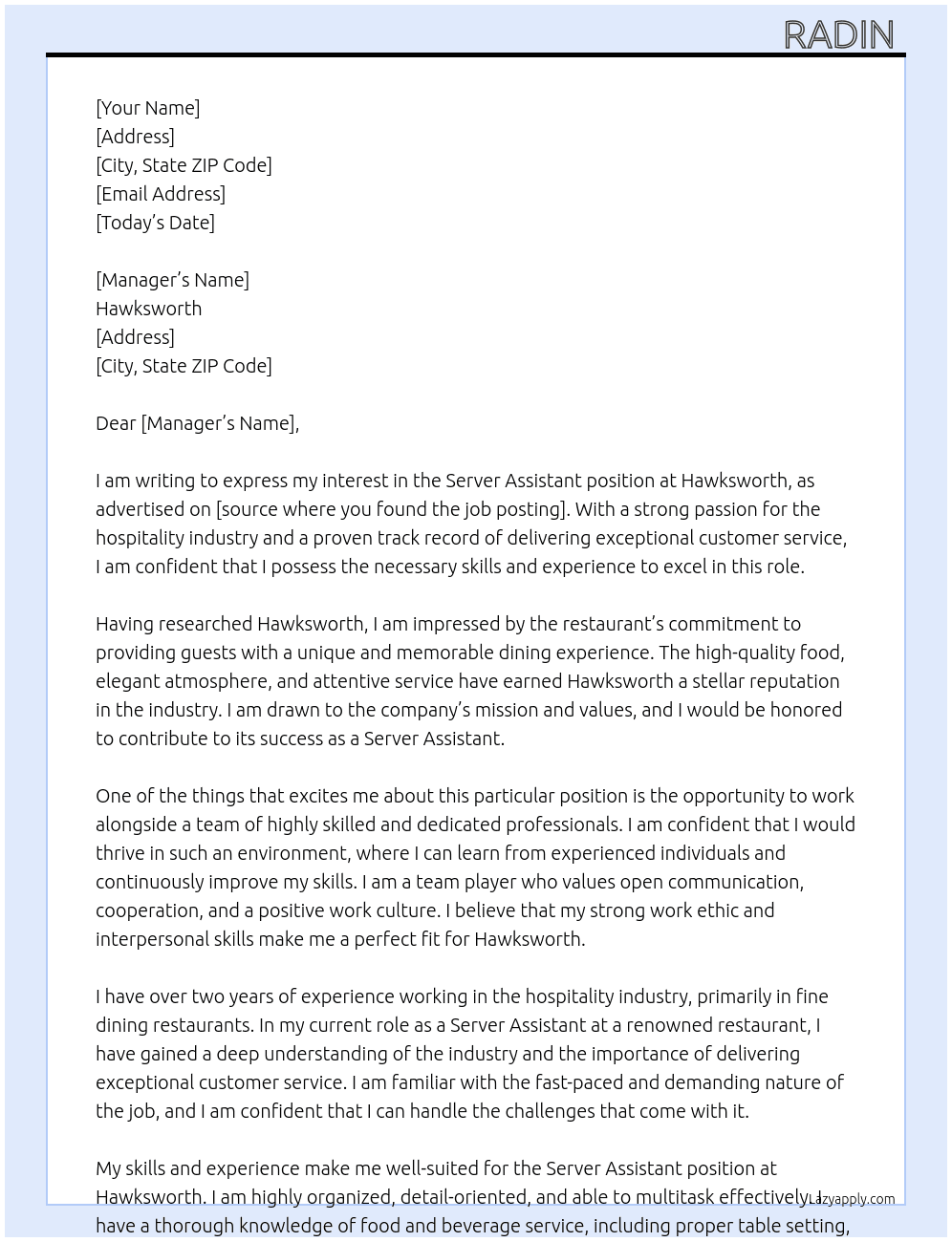 Server Assistant  At Hawksworth Cover Letter