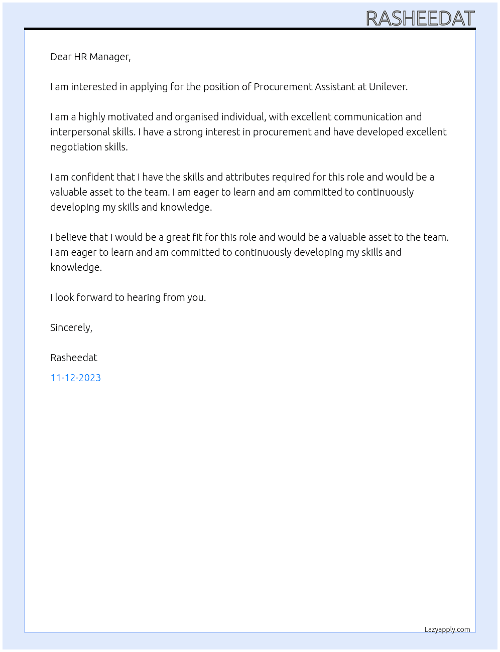 Procurement Assistant  At Unilever Cover Letter