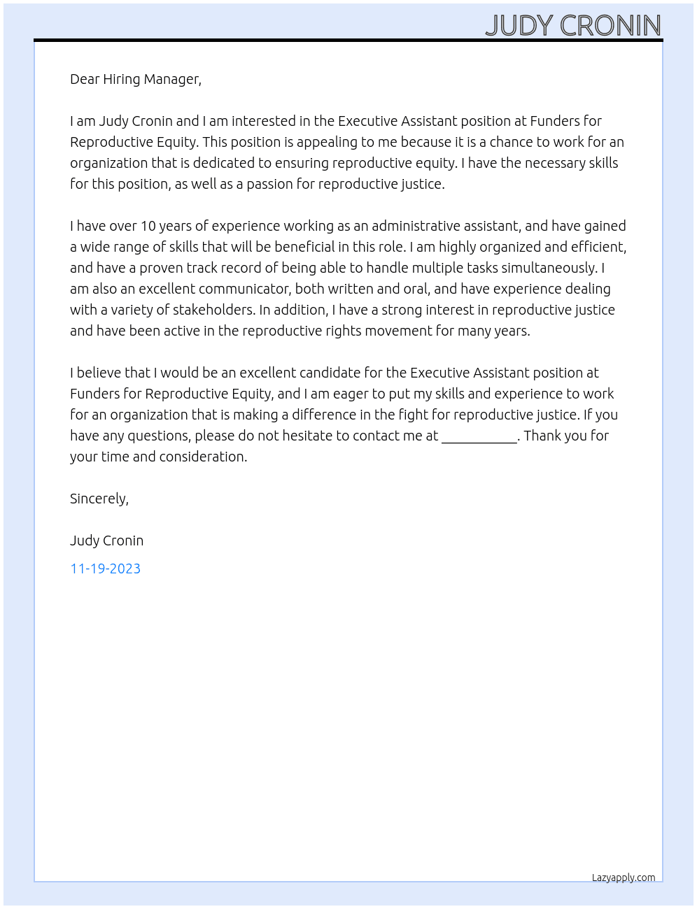 Executive Assistant At Funders for Reproductive Equity Cover Letter