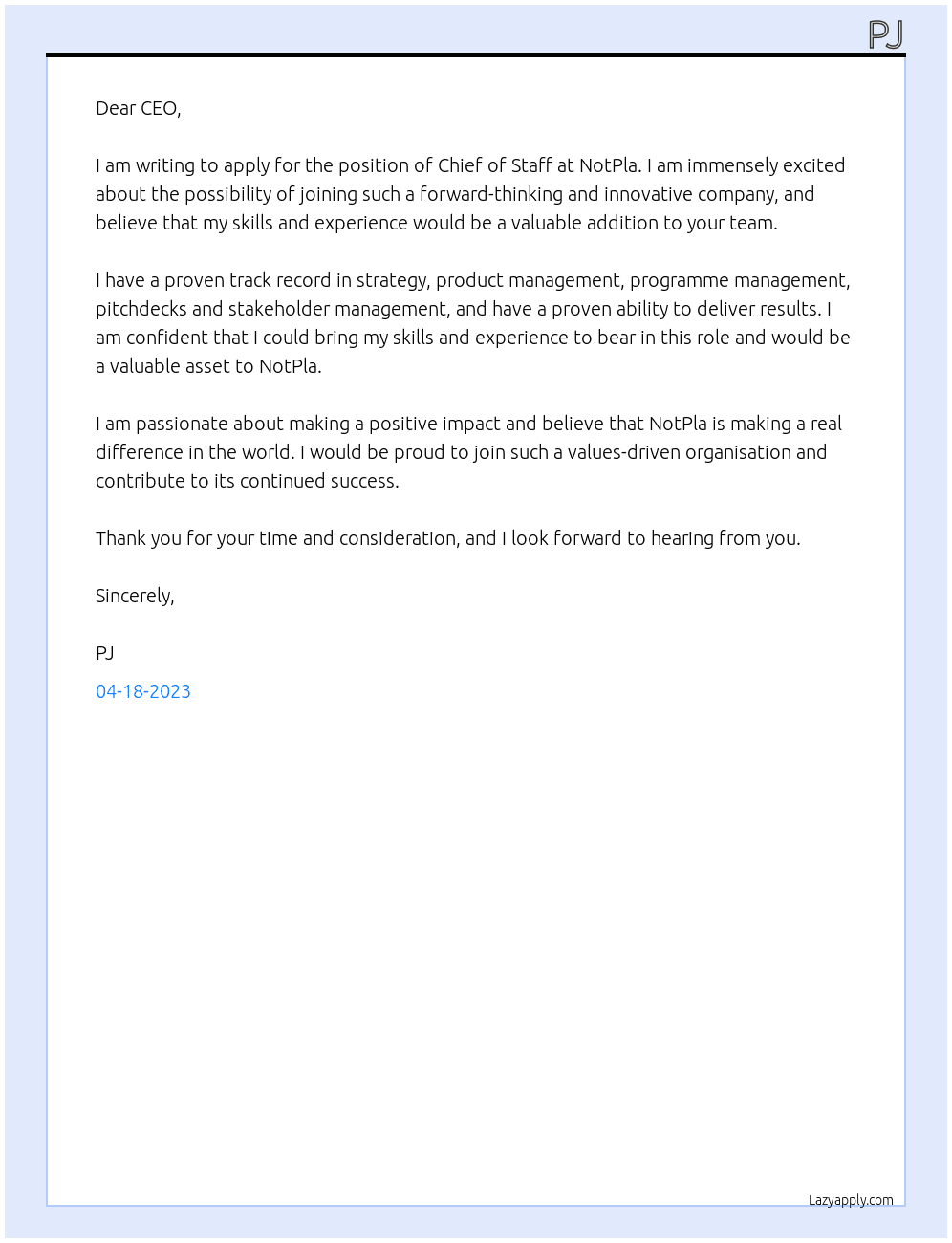 Chief of Staff At NotPla Cover Letter