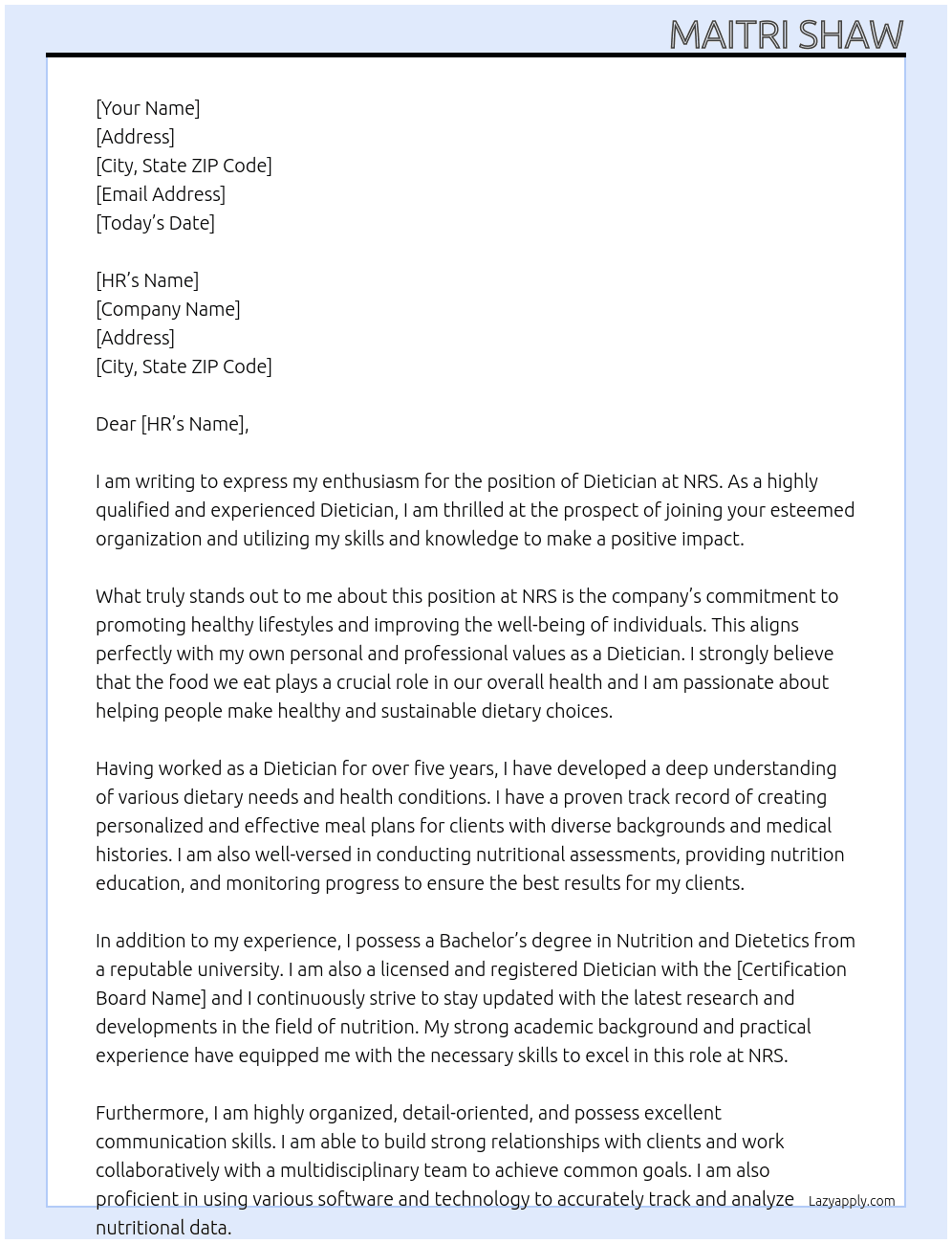 Dietician At NRS Cover Letter