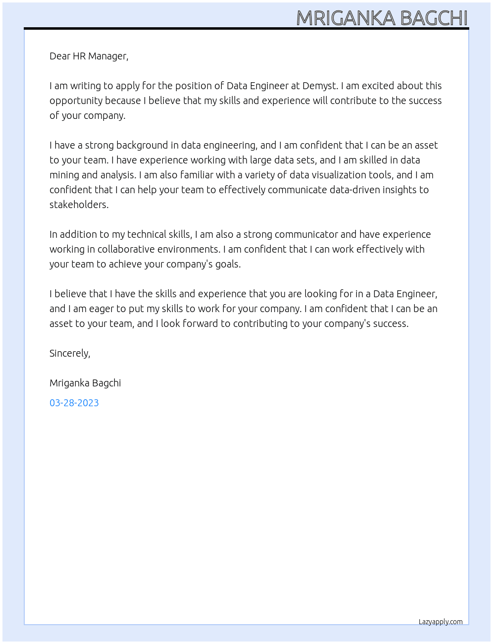 Data Engineer At Demyst Cover Letter