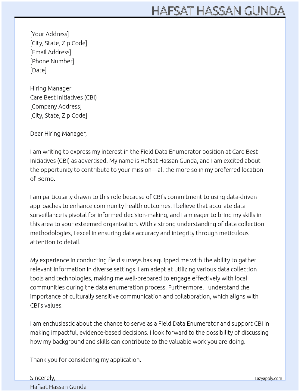 Cover letter for field data enumerator - LazyApply