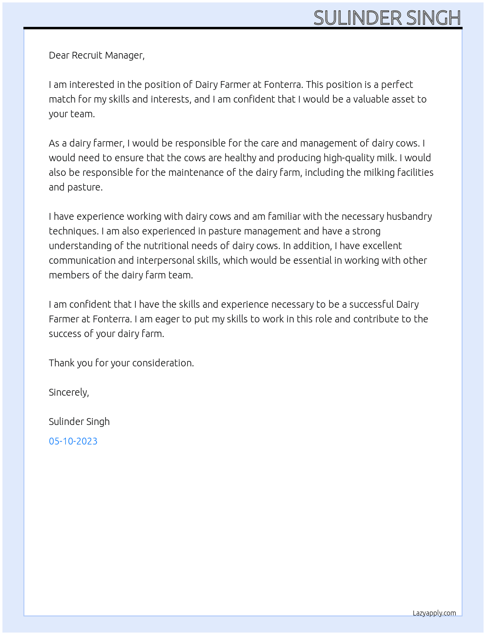 DAIRY FARMER At FONTERRA Cover Letter