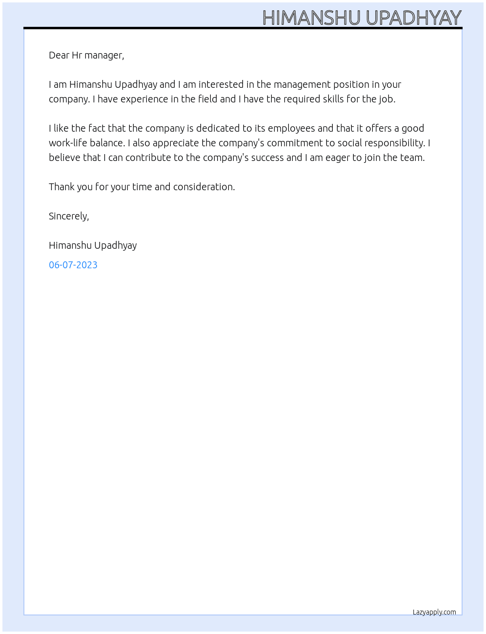 Management  At Wipro  Cover Letter