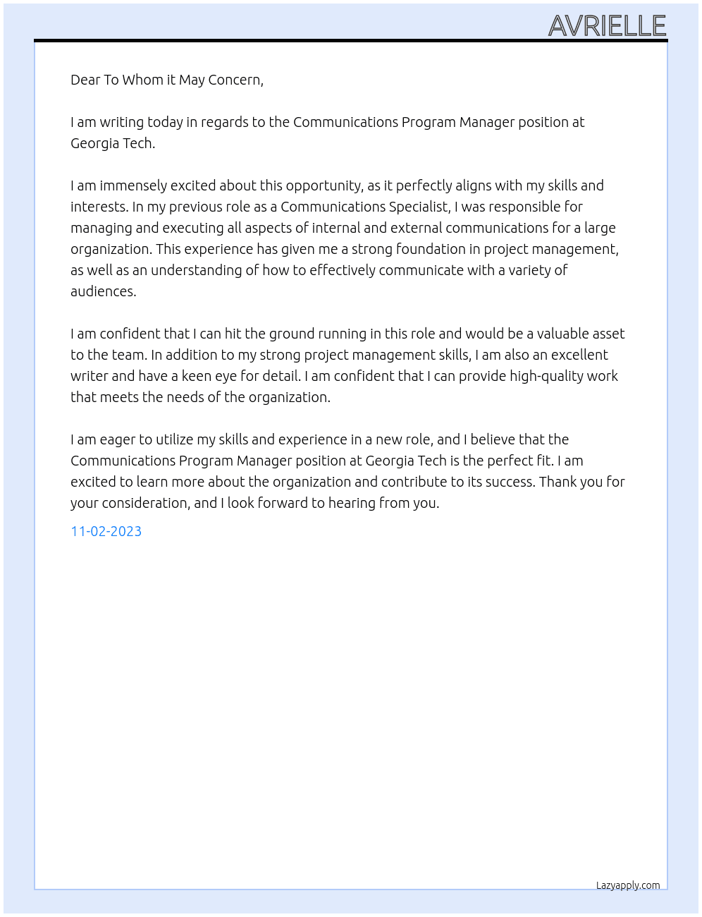 Communications Program Manager At Georgia Tech  Cover Letter