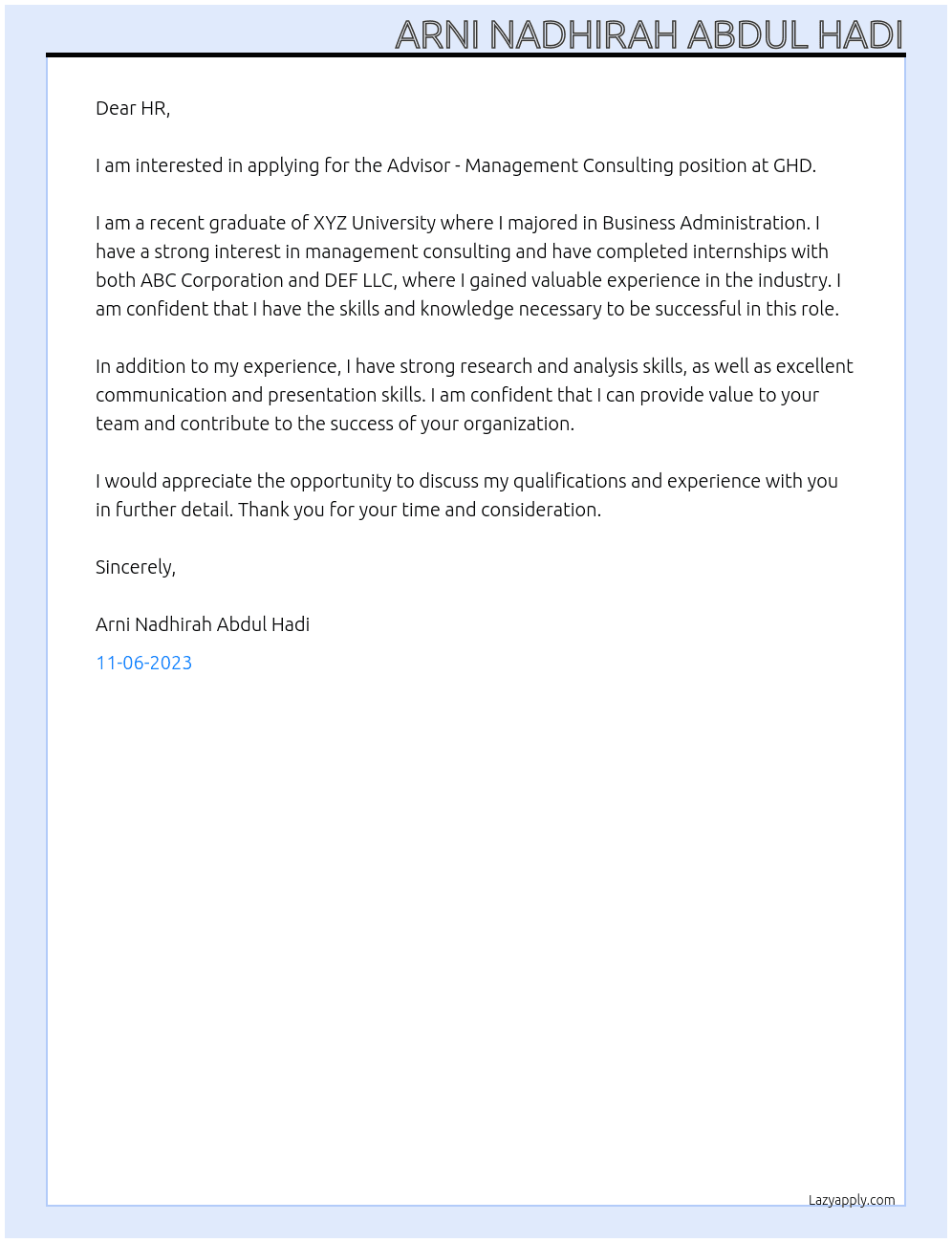 Advisor - Management Consulting At GHD Cover Letter