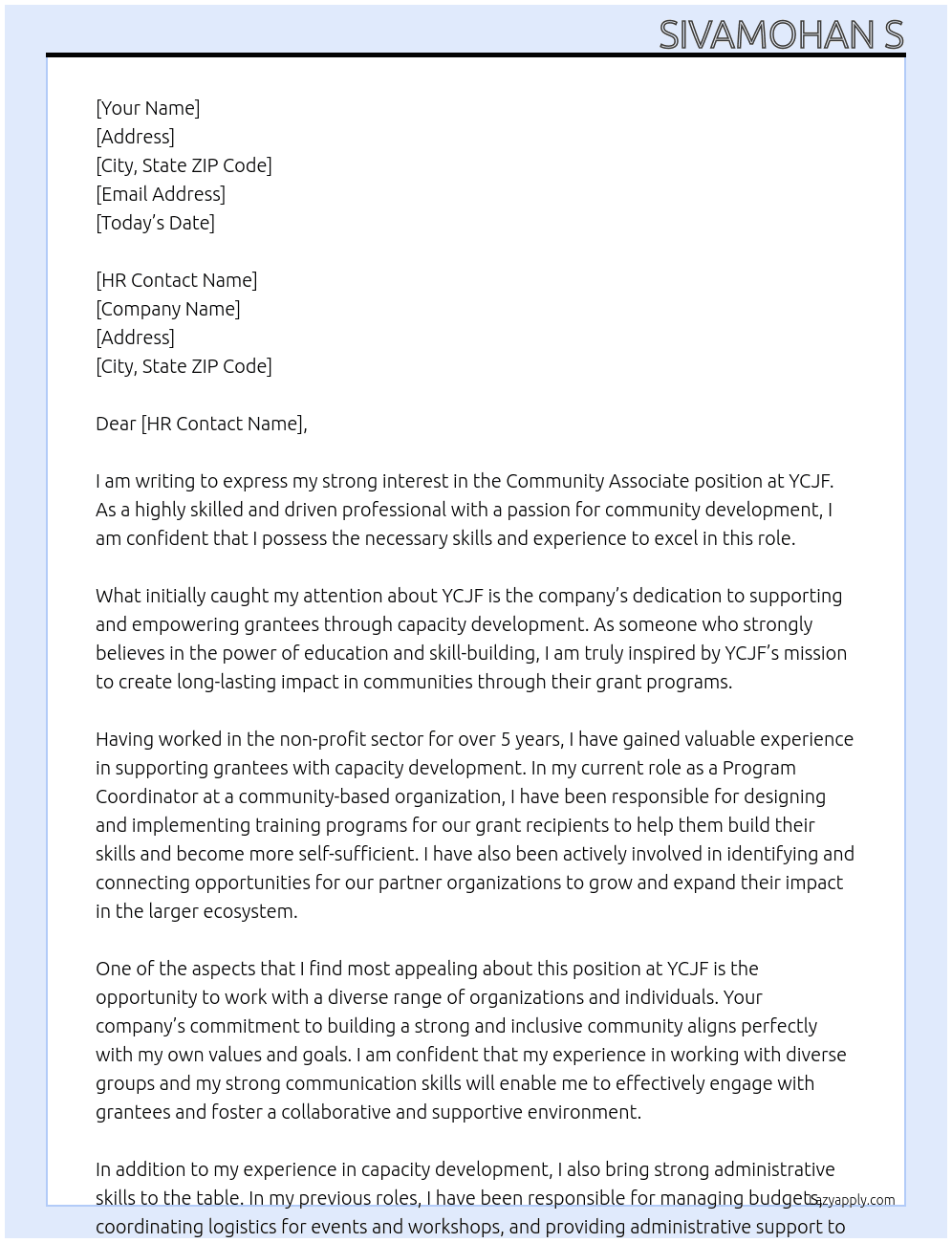 Community Associate At YCJF Cover Letter
