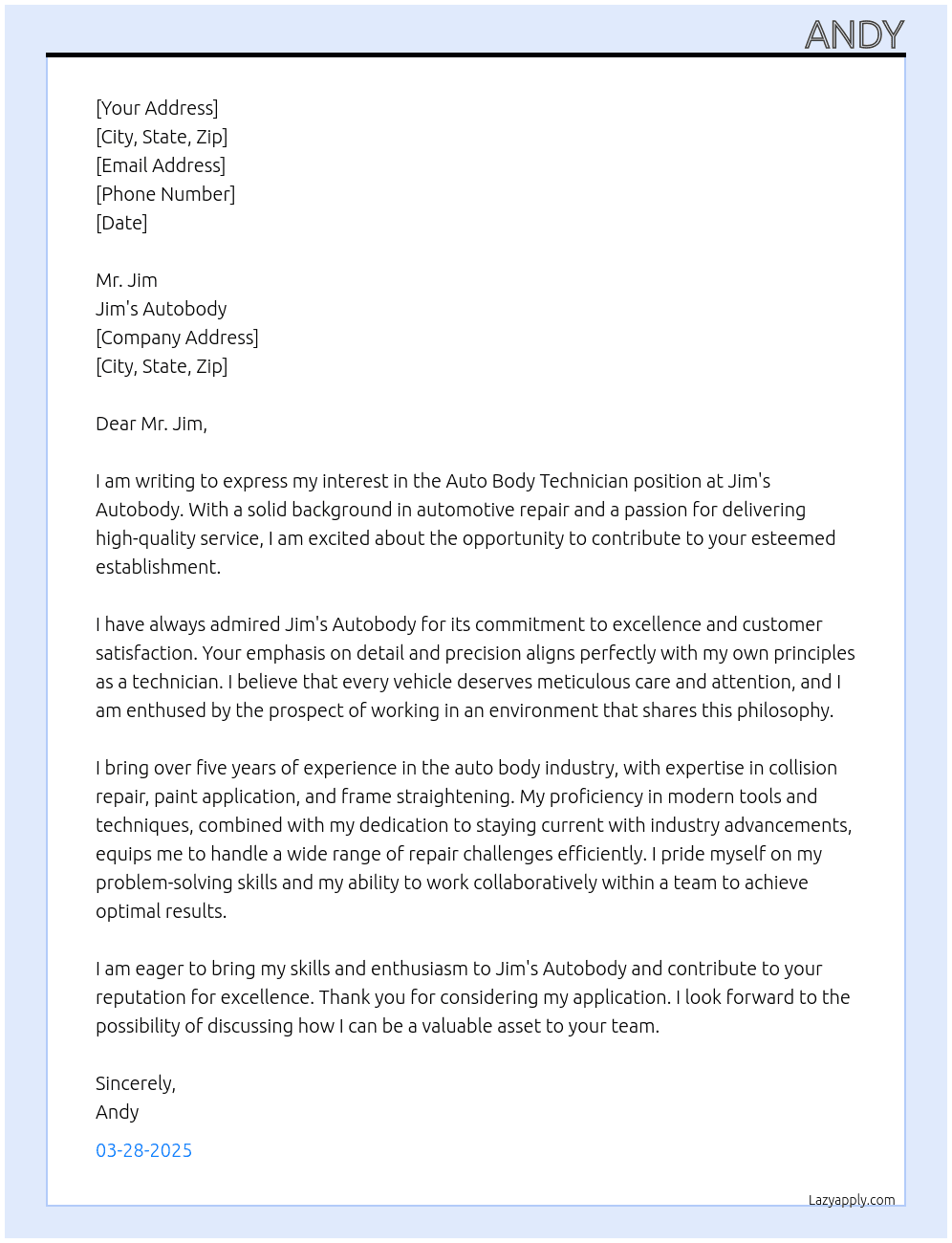 Auto body Tech At Jim's Autobody Cover Letter