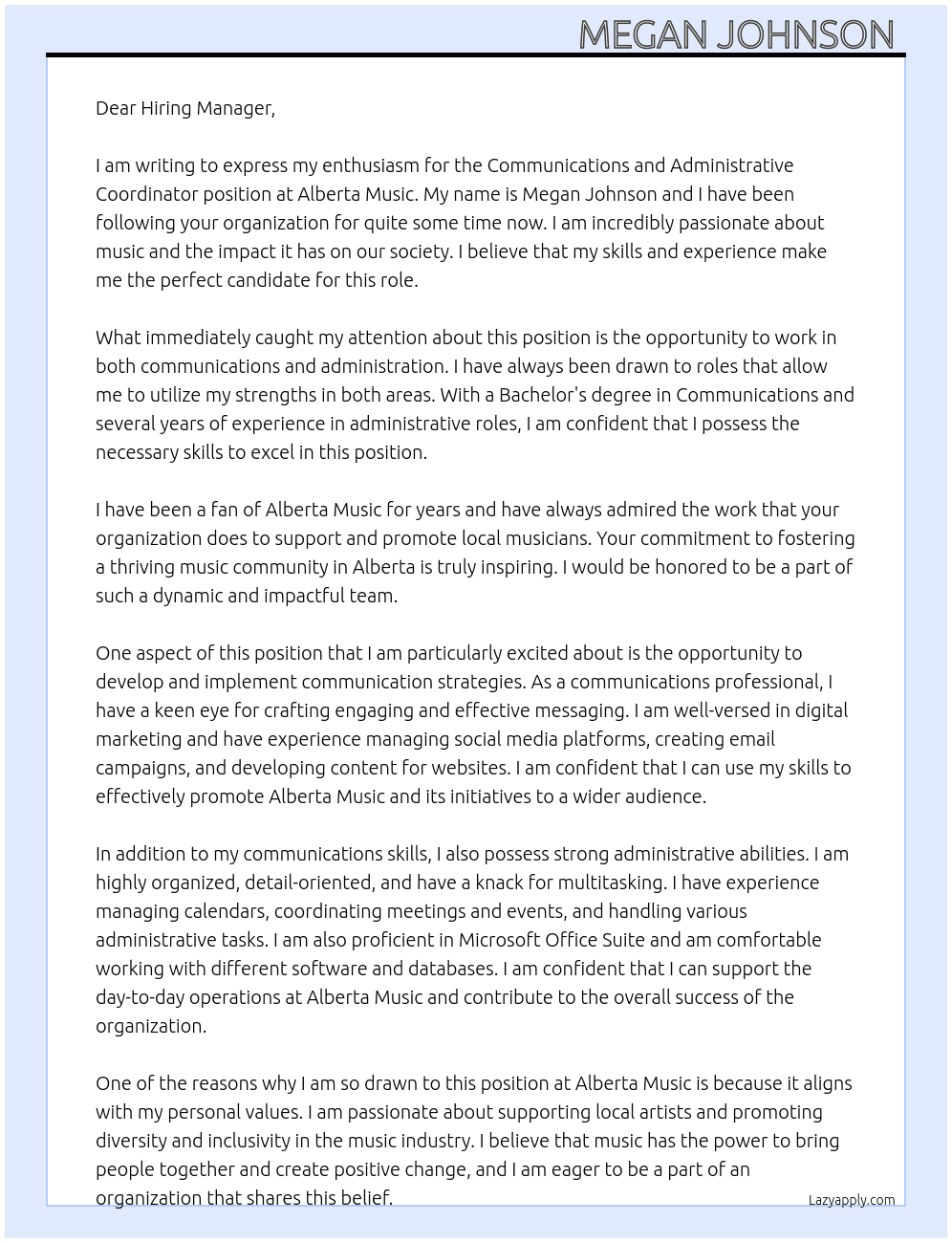 Communications and administrative coordinator  At Alberta Music  Cover Letter