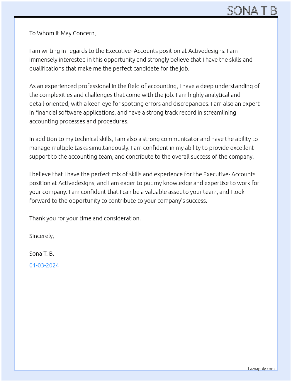 Executive- Accounts At Activedesigns Cover Letter