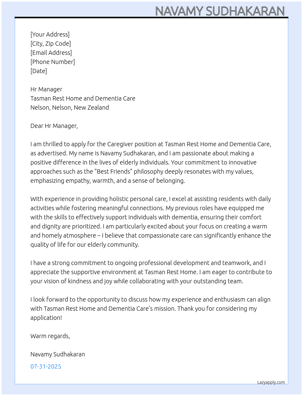 Cover letter for care giver - LazyApply