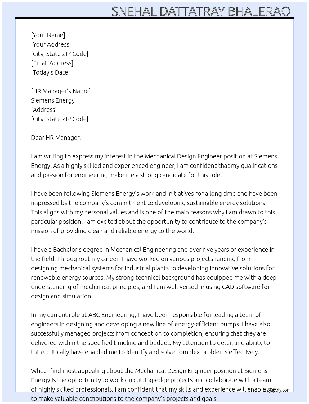 Mechanical Design Engineer  At Siemens Energy  Cover Letter