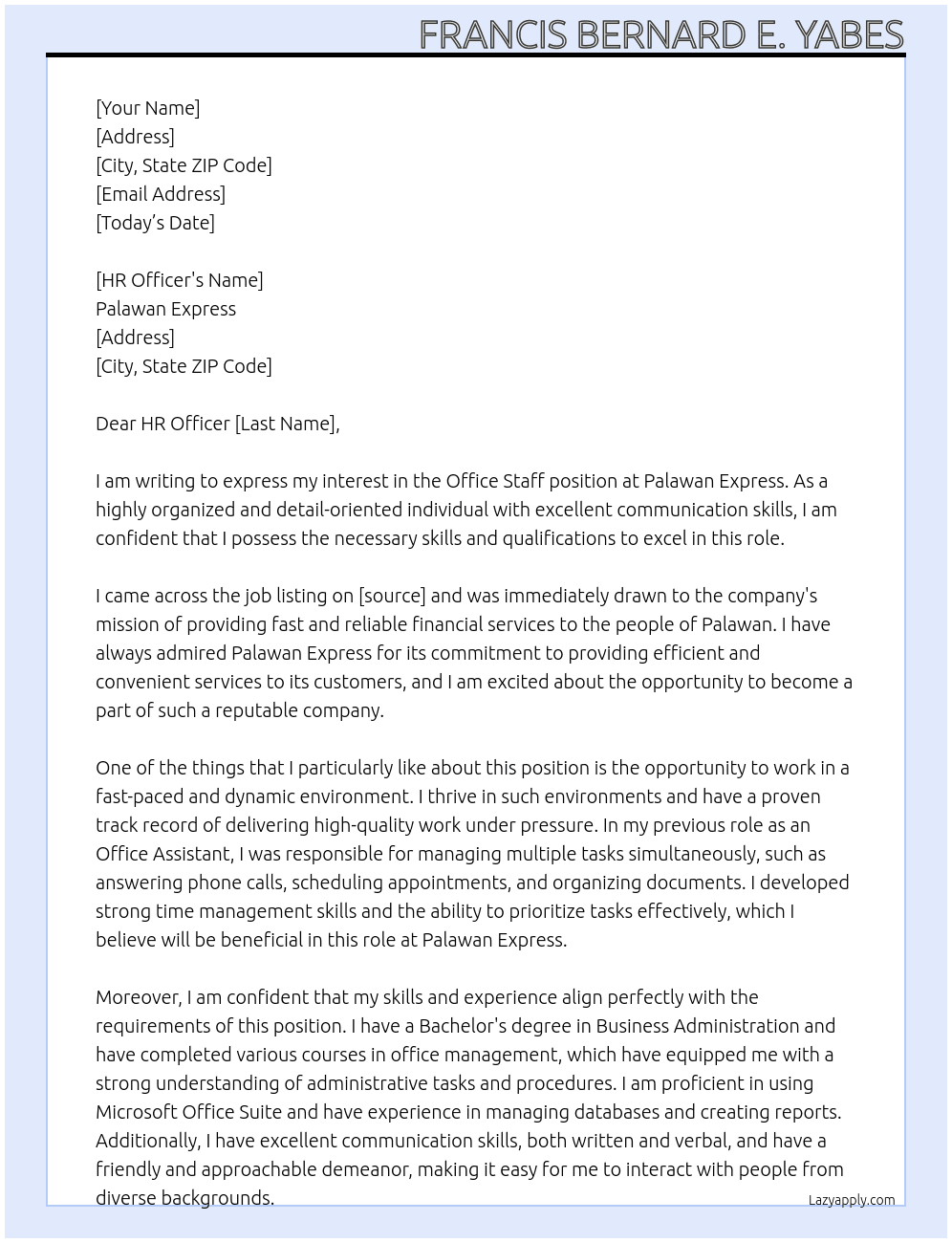 Office Staff At Palawan Express Cover Letter