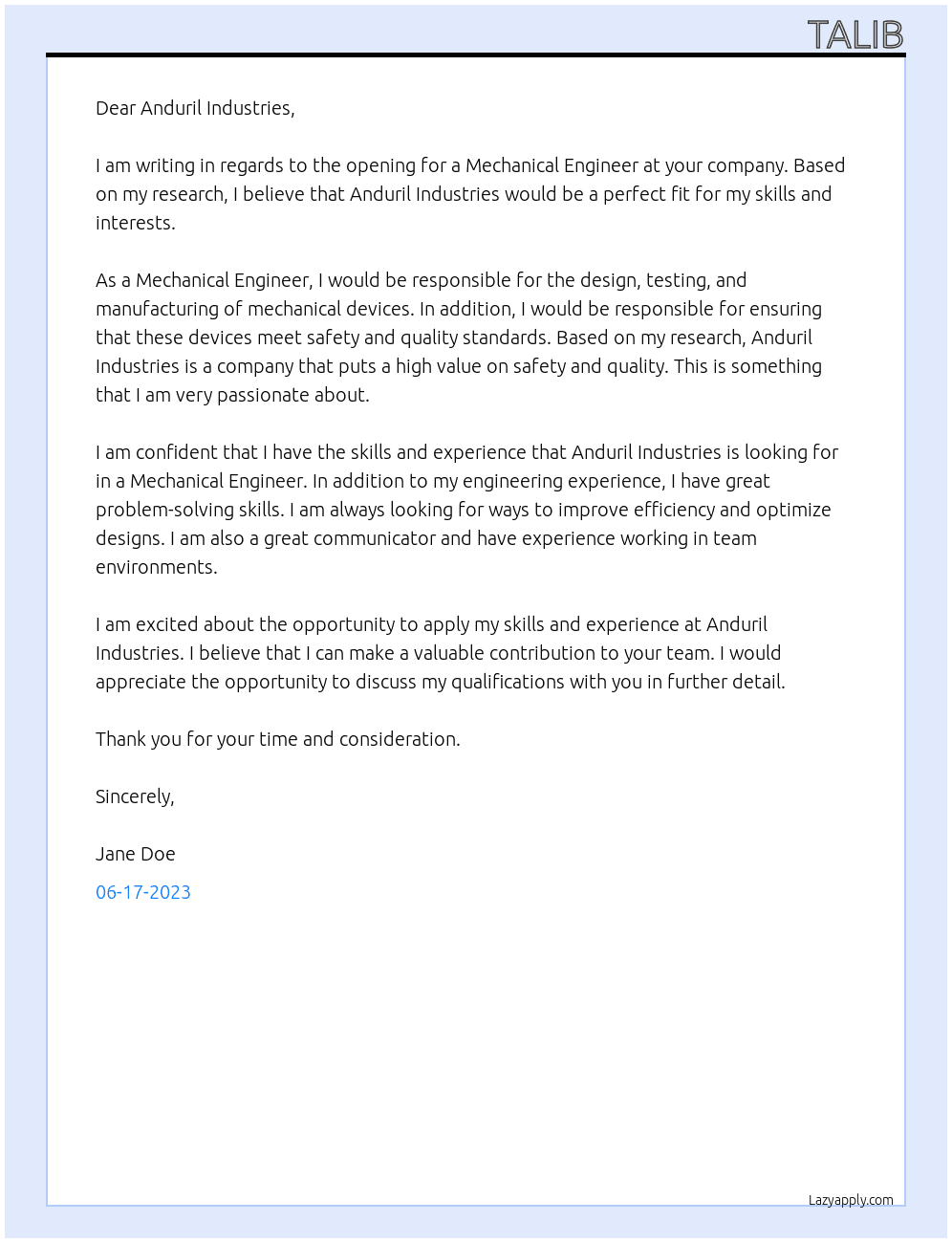 Mechanical Engineer At Anduril Industries Cover Letter