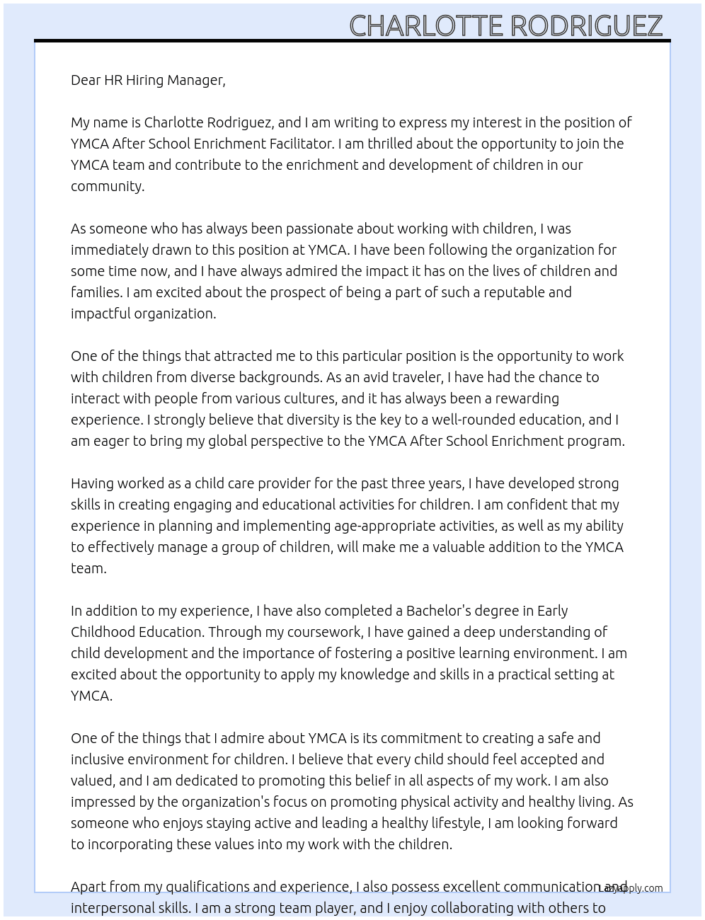 Cover letter for ymca after school enrichment facilitator - LazyApply